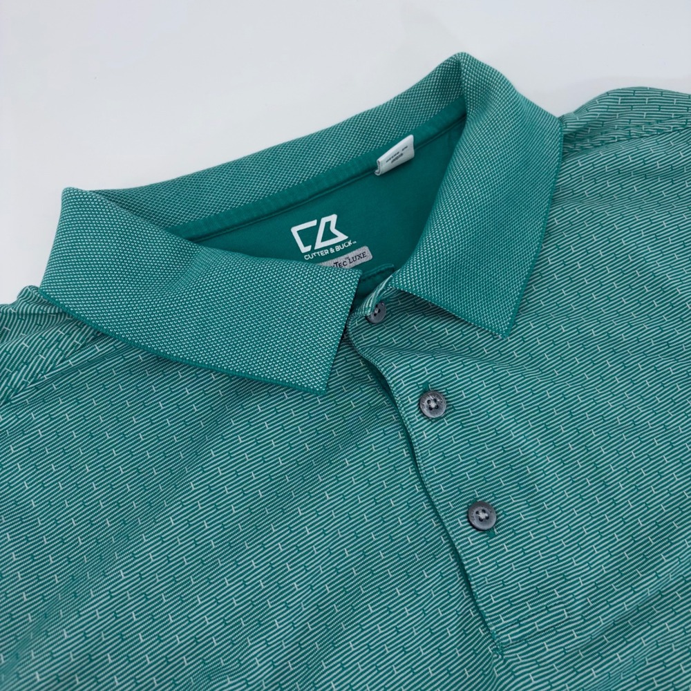 Cutter & Buck Mens CB DryTec‎ Luxe Polo Shirt Teal Green Striped Golf Top Large